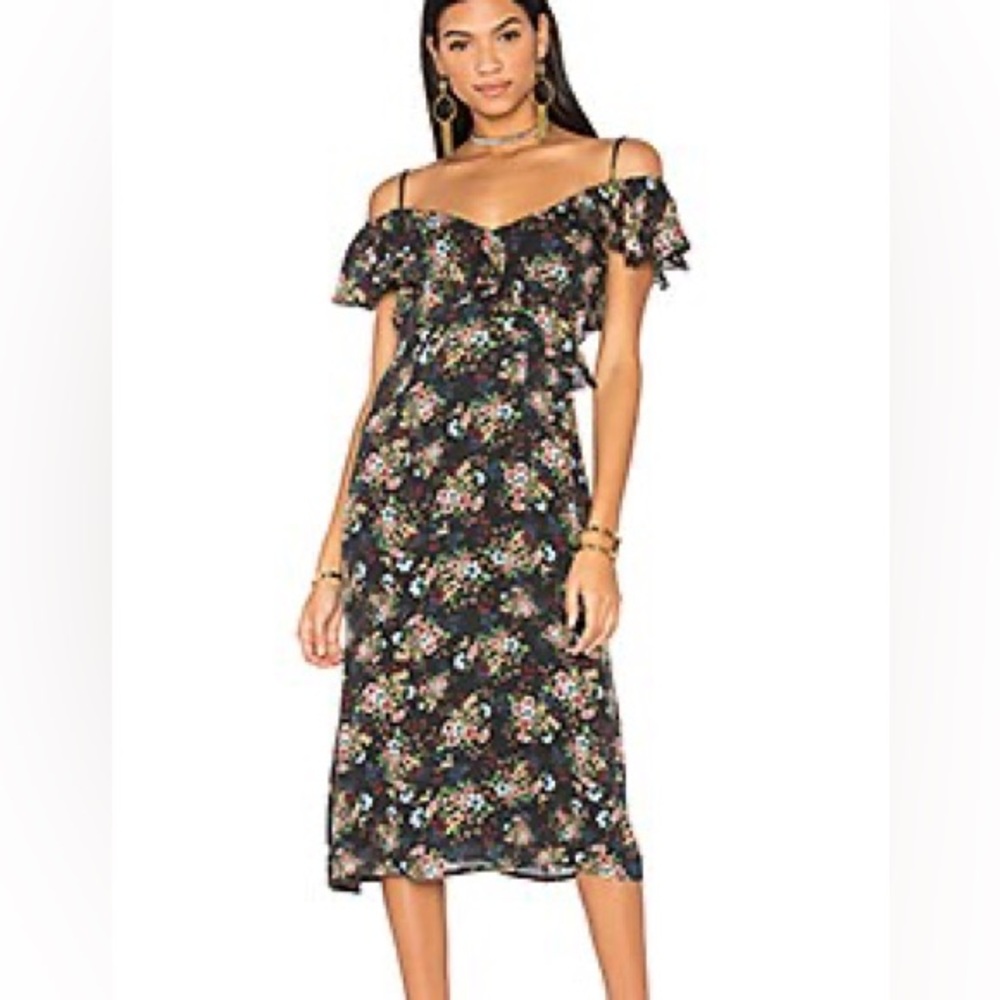 REVOLVE LPA DRESS 137 BLACK DITZY VINTAHE FLORAL PRINT OFF SHOULDER SMALL
